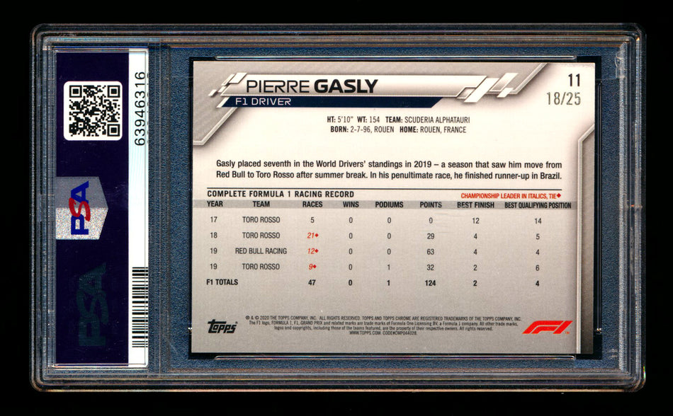 2020 Topps Chrome F1 #11 Pierre Gasly RC Orange Wave Refractor Portrait #18/25 PSA 9
