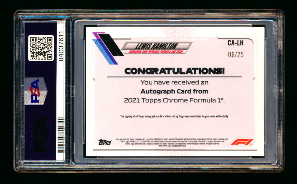 2021 Topps Chrome F1 #CA-LH Lewis Hamilton Orange Refractor Autograph #06/25 PSA 9 DNA 10