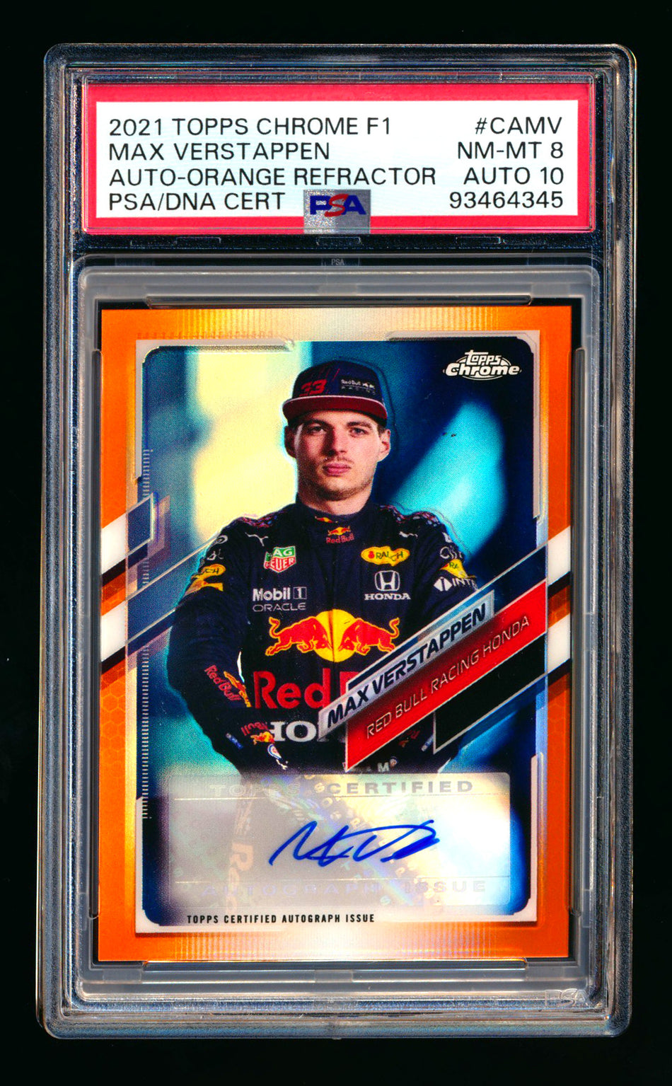 2021 Topps Chrome F1 #CA-MV Max Verstappen Orange Refractor Autograph #24/25 PSA 8 DNA 10