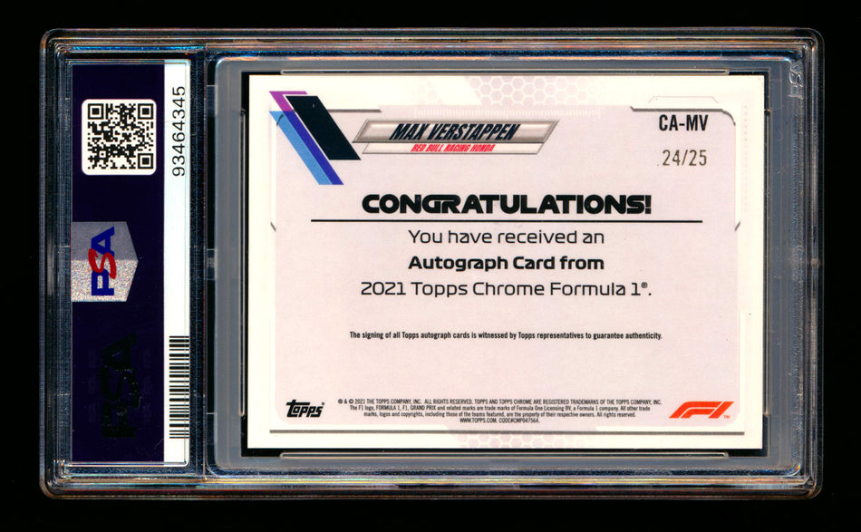 2021 Topps Chrome F1 #CA-MV Max Verstappen Orange Refractor Autograph #24/25 PSA 8 DNA 10