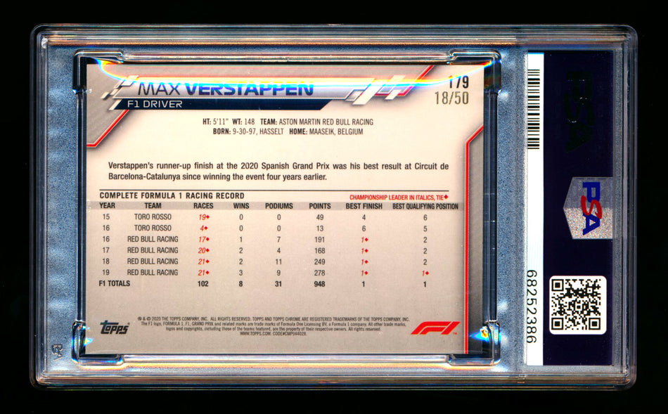 2020 Topps Chrome F1 #179 Max Verstappen RC Gold Wave Refractor #18/50 PSA 8 ** (SOLD eBay - $295.00 - 2/8/2026) **