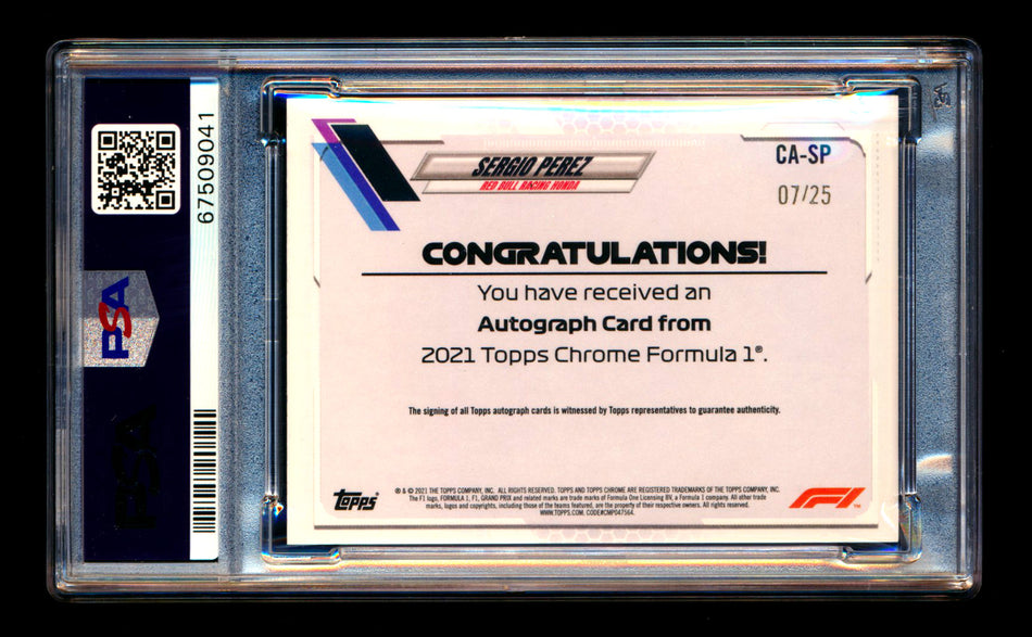 2021 Topps Chrome F1 #CA-SP Sergio Perez Orange Refractor Autograph #07/25 PSA 10 ** (SOLD eBay - $1,095.00 - 4/10/2026) **