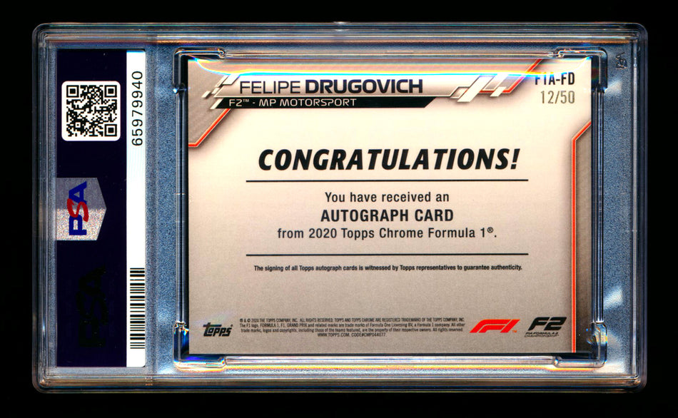 2020 Topps Chrome F1 #F1A-FD Felipe Drugovich RC Gold Refractor Autograph #12/50 PSA 8 ** (SOLD eBay - $119.00 - 8/1/2025) **