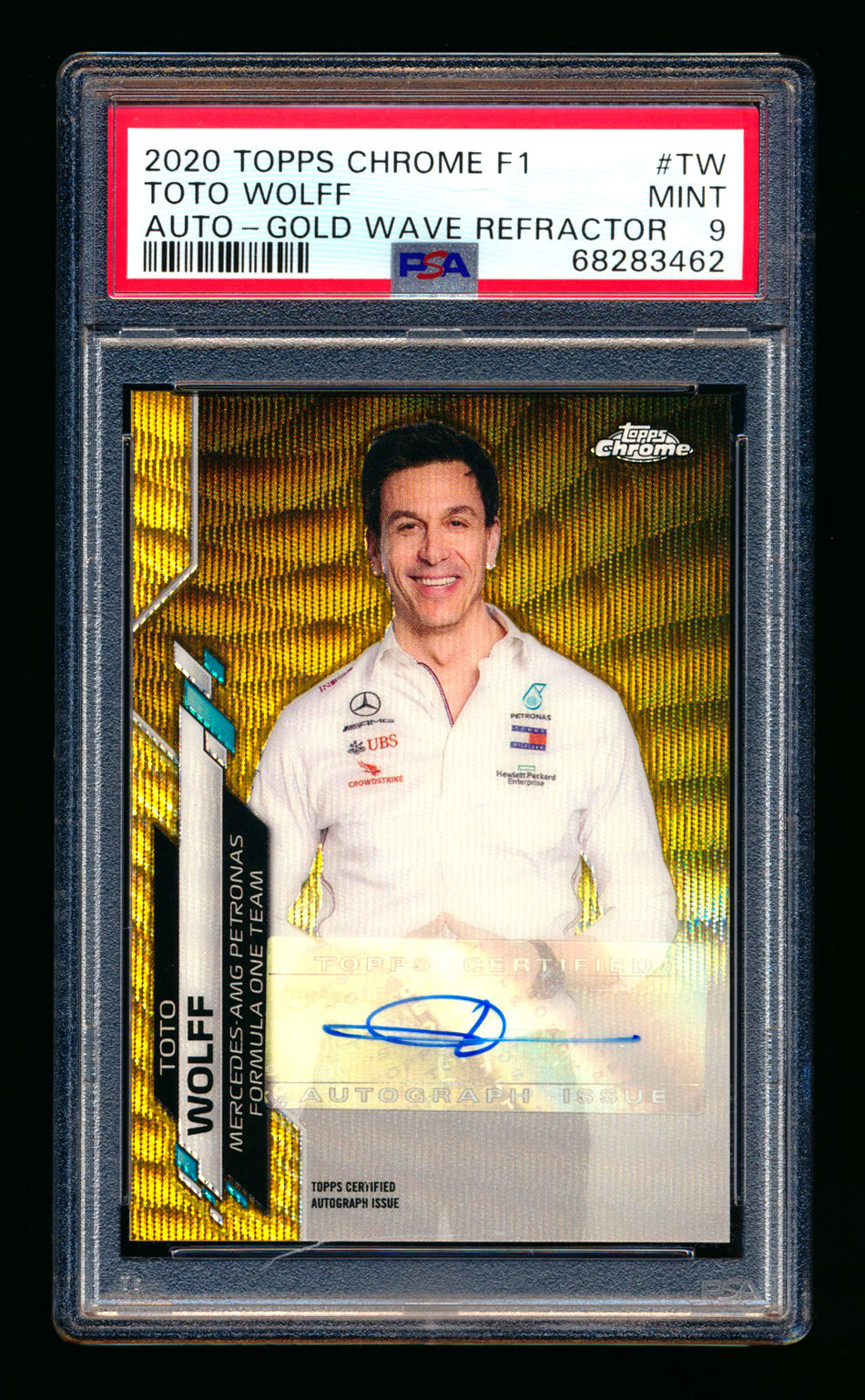 2020 Topps Chrome F1 #F1A-TW Toto Wolff RC Gold Wave Refractor Autograph #13/50 PSA 9