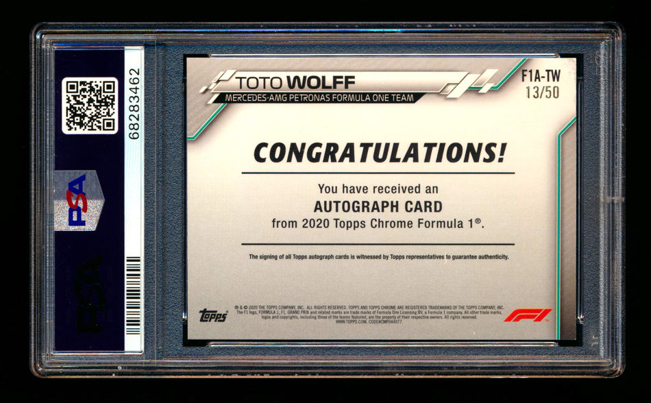 2020 Topps Chrome F1 #F1A-TW Toto Wolff RC Gold Wave Refractor Autograph #13/50 PSA 9