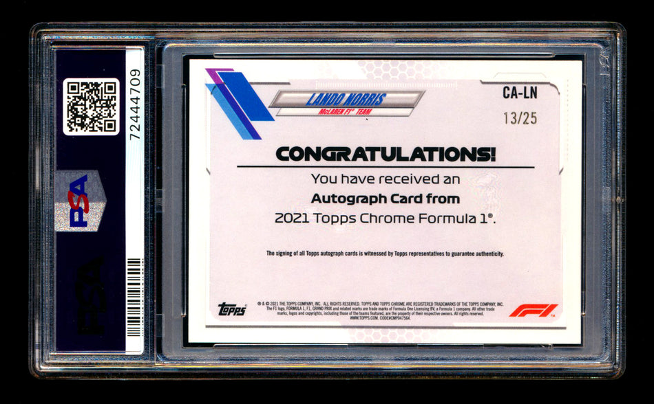 2021 Topps Chrome F1 #CA-LN Lando Norris Orange Refractor Autograph #13/25 PSA 9