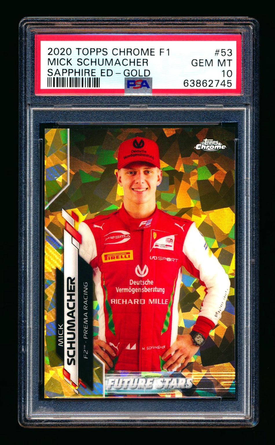 2020 Topps Chrome Sapphire F1 #53 Mick Schumacher RC Gold Refractor #43/50 PSA 10 ** (SOLD eBay - $249.00 - 7/21/2025) **