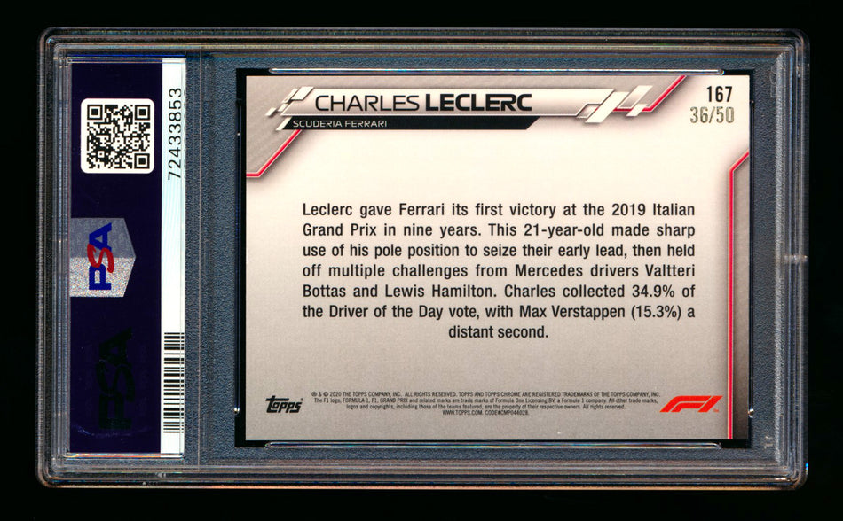 2020 Topps Chrome F1 #167 Charles Leclerc RC Gold Wave Refractor #36/50 PSA 8 ** (SOLD eBay - $129.00 - 2/3/2026) **