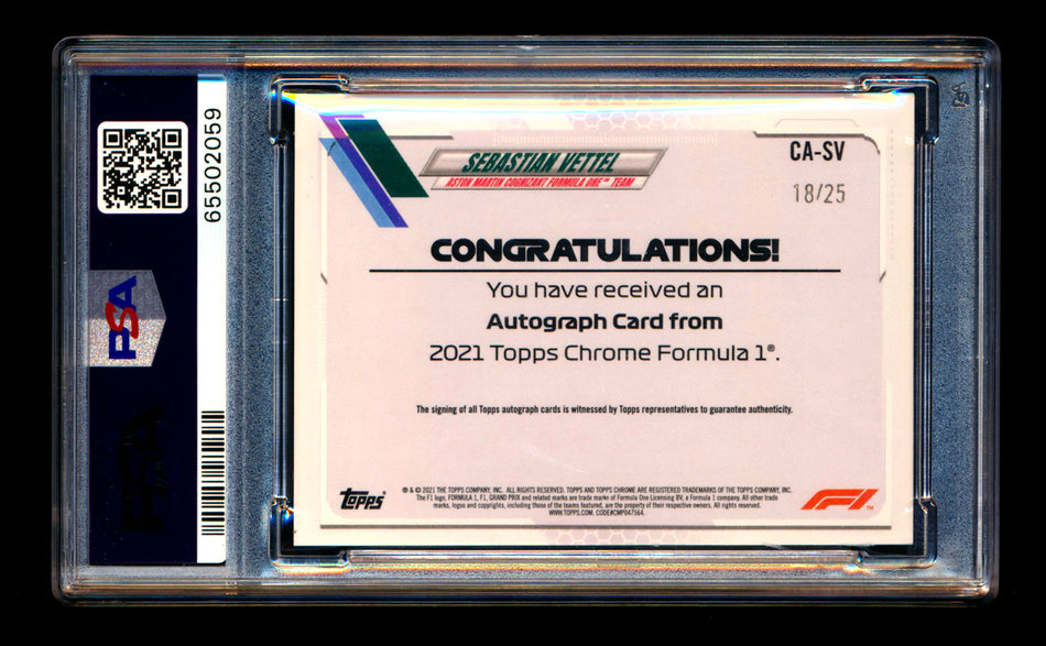2021 Topps Chrome F1 #CA-SV Sebastian Vettel Orange Refractor Autograph #18/25 PSA 10 ** (SOLD eBay - $1,049.00 - 4/10/2026) **
