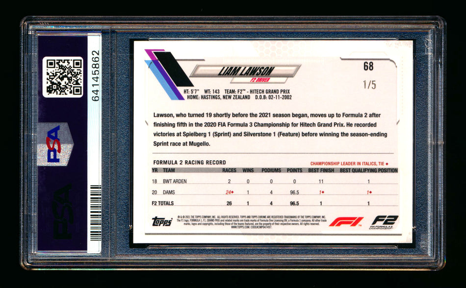 2021 Topps Chrome F1 #68 Liam Lawson RC Red Refractor #1/5 PSA 10 (First #!)