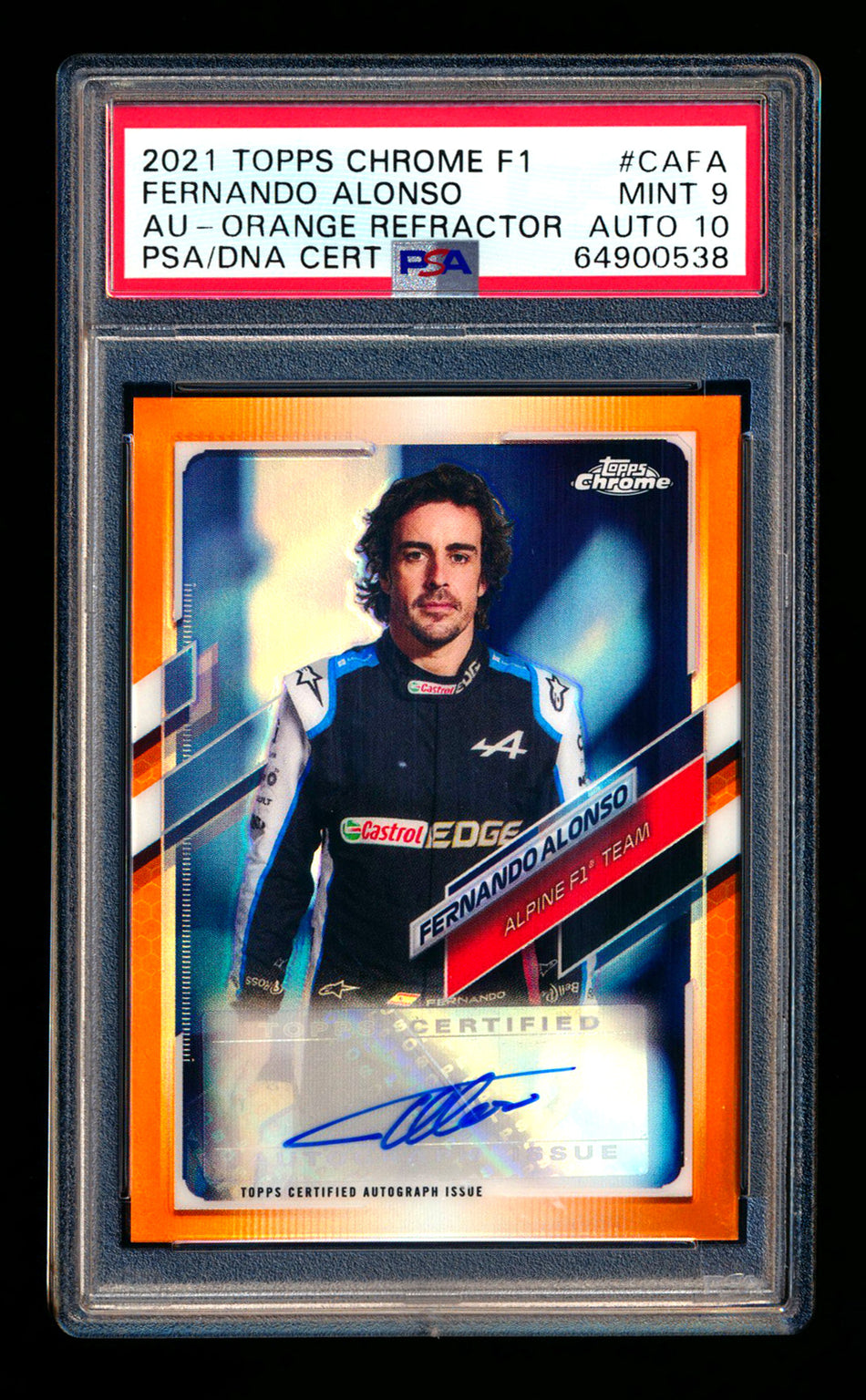 2021 Topps Chrome F1 #CA-FA Fernando Alonso RC Orange Refractor Autograph #24/25 PSA 9 DNA 10