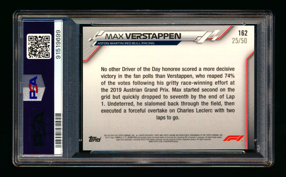 2020 Topps Chrome F1 #162 Max Verstappen RC Gold Wave Refractor #25/50 PSA 8 ** (SOLD eBay - $249.00 - 2/3/2026) **