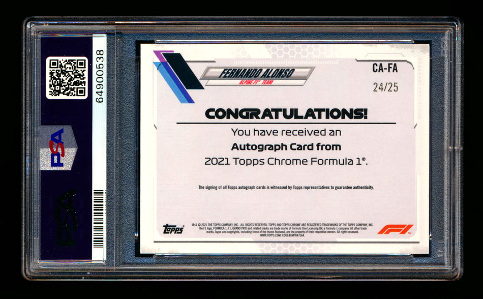 2021 Topps Chrome F1 #CA-FA Fernando Alonso RC Orange Refractor Autograph #24/25 PSA 9 DNA 10
