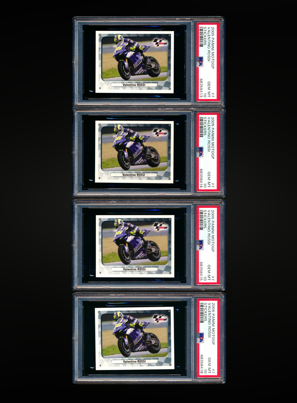 2005 Panini MotoGP Stickers #7 Valentino Rossi Complete Population Set PSA 10 (4 Card Set)