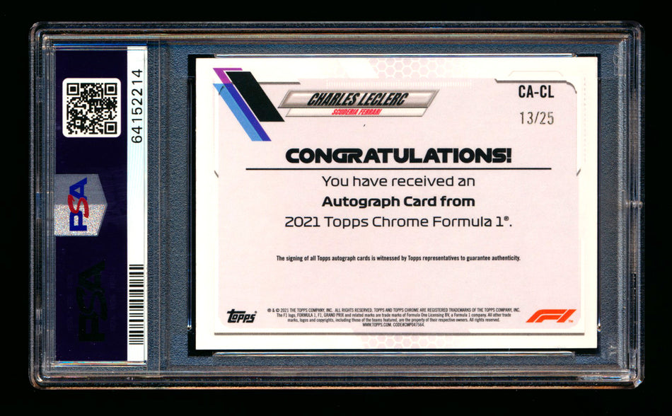 2021 Topps Chrome F1 #CA-CL Charles Leclerc Orange Refractor Autograph #13/25 PSA 9 DNA 9 ** (SOLD eBay - $1,795.00 - 4/10/2026) **