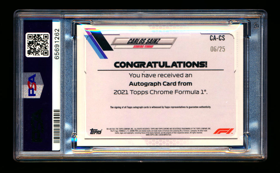2021 Topps Chrome F1 #CA-CS Carlos Sainz Orange Refractor Autograph #06/25 PSA 10 DNA 10 - POP 1!
