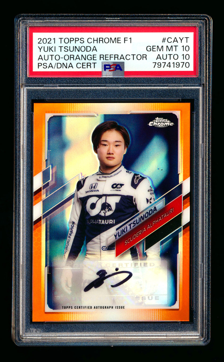 2021 Topps Chrome F1 #CA-YT Yuki Tsunoda RC Orange Refractor Autograph #19/25 PSA 10 DNA 10 ** (SOLD eBay - $479.00 - 4/10/2026) **
