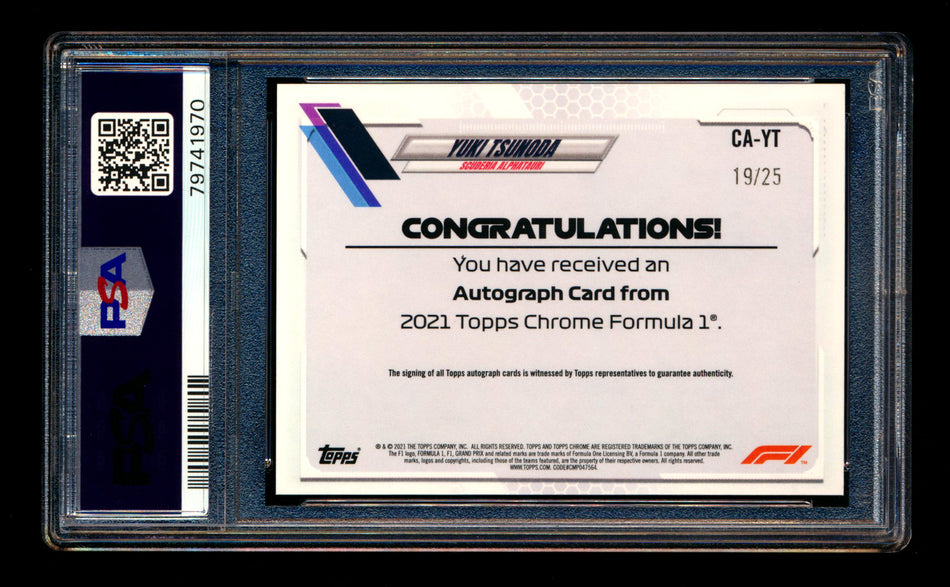 2021 Topps Chrome F1 #CA-YT Yuki Tsunoda RC Orange Refractor Autograph #19/25 PSA 10 DNA 10 ** (SOLD eBay - $479.00 - 4/10/2026) **