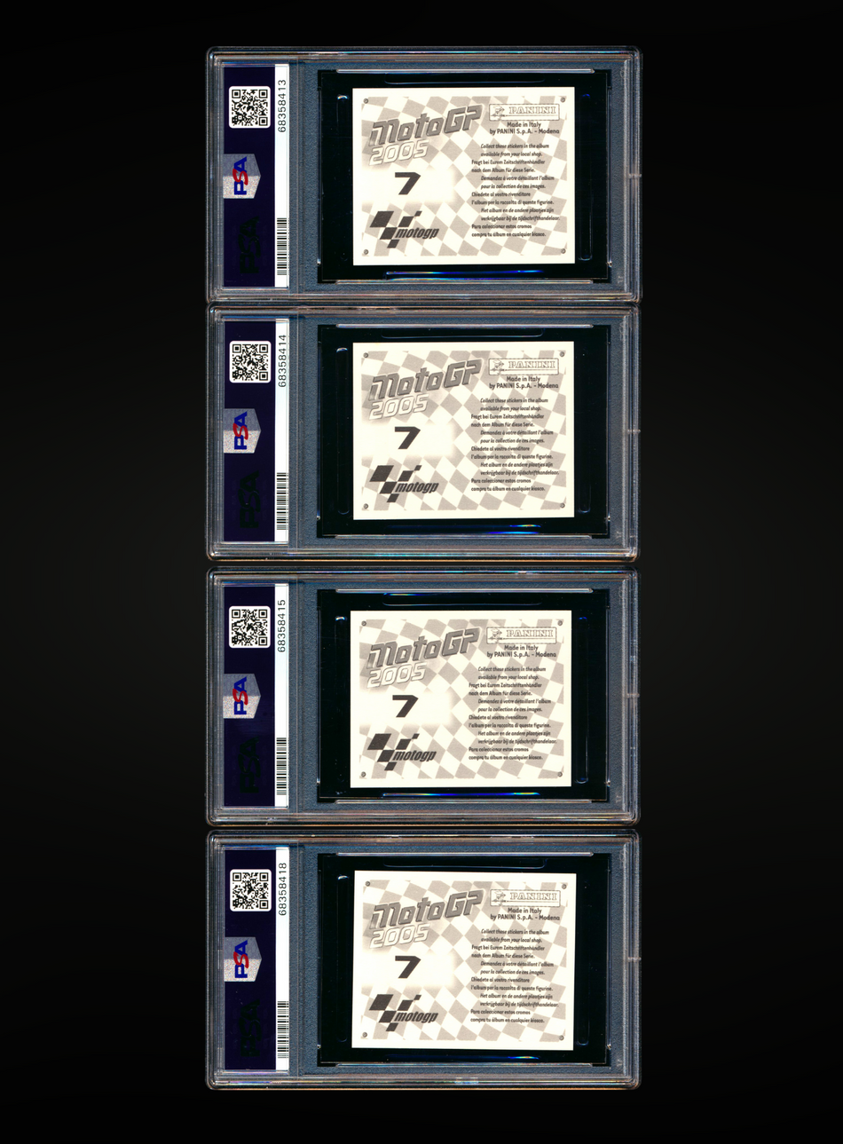 2005 Panini MotoGP Stickers #7 Valentino Rossi Complete Population Set PSA 10 (4 Card Set)