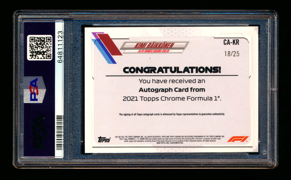 2021 Topps Chrome F1 #CA-KR Kimi Raikkonen Orange Refractor Autograph #18/25 PSA 9 ** (SOLD eBay - $895.00 - 4/10/2026) **