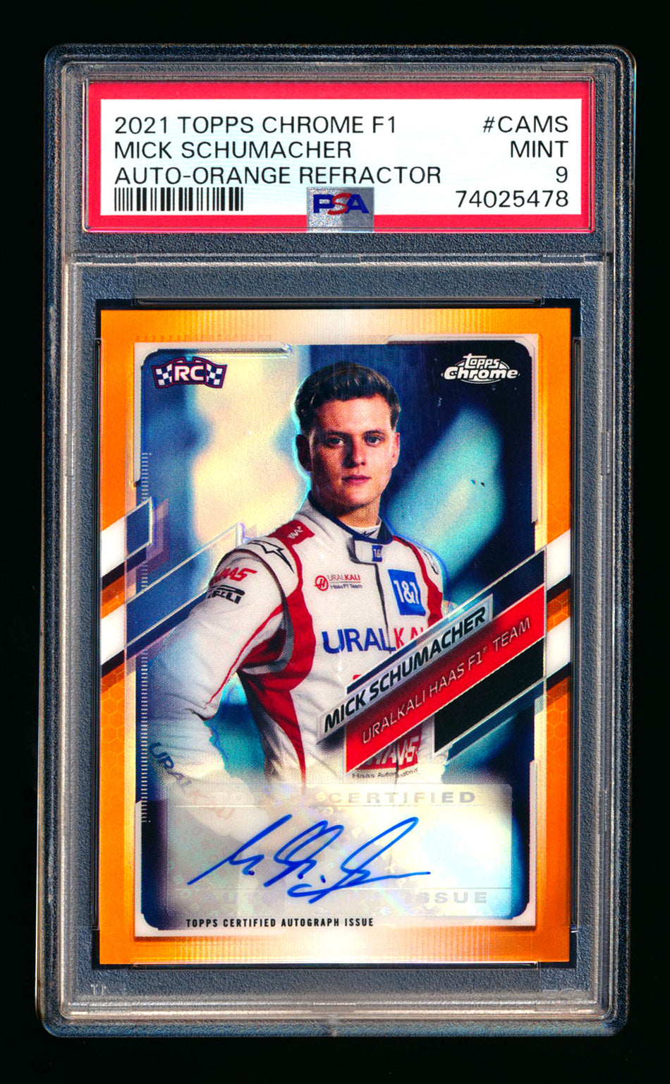 2021 Topps Chrome F1 #CA-MS Mick Schumacher RC Orange Refractor Autograph #14/25 PSA 9