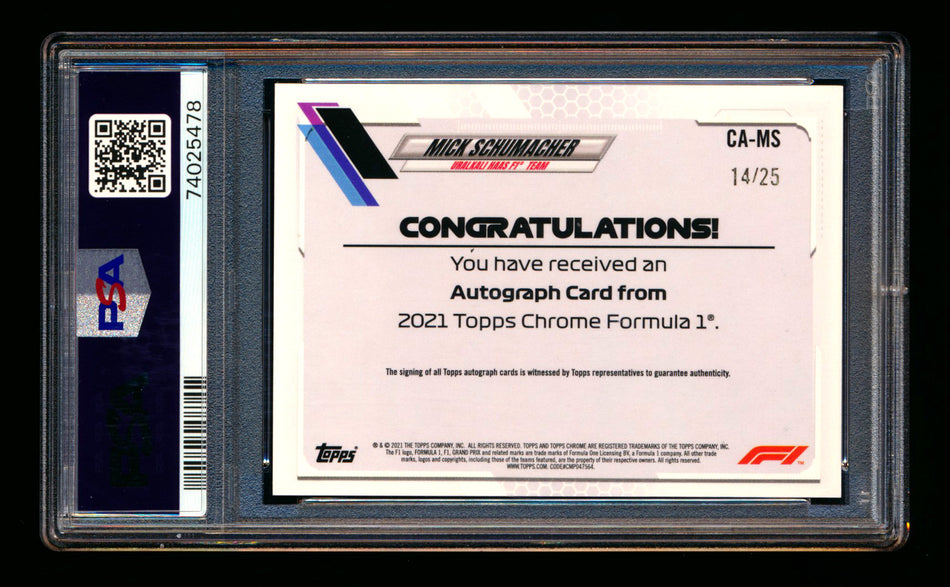 2021 Topps Chrome F1 #CA-MS Mick Schumacher RC Orange Refractor Autograph #14/25 PSA 9