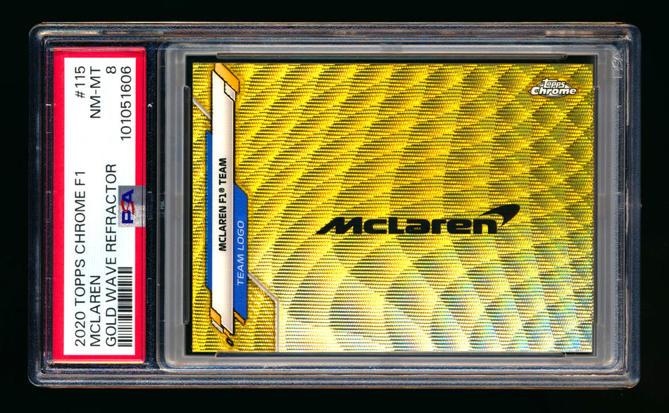 2020 Topps Chrome F1 #115 McLaren Team Logo RC Gold Wave Refractor #29/50 PSA 8  ** (SOLD eBay - $395.00 - 2/16/2026) **