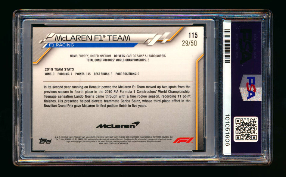 2020 Topps Chrome F1 #115 McLaren Team Logo RC Gold Wave Refractor #29/50 PSA 8  ** (SOLD eBay - $395.00 - 2/16/2026) **