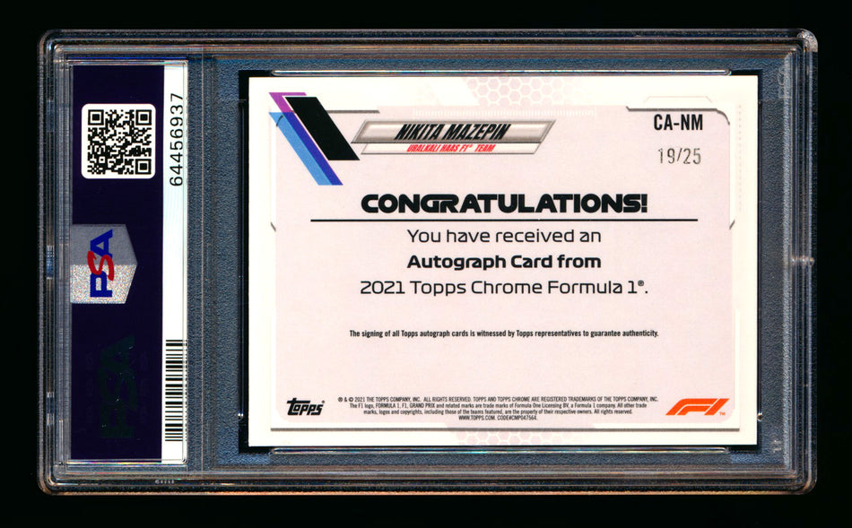 2021 Topps Chrome F1 #CA-NM Nikita Mazepin RC Orange Refractor Autograph #19/25 PSA 9 ** (SOLD - $89.00 - 4/3/2026) **