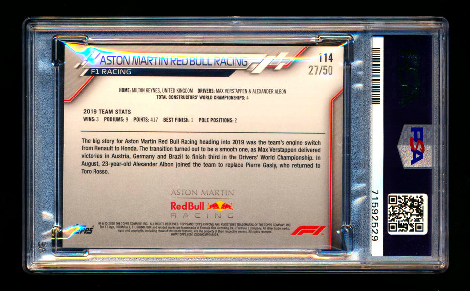 2020 Topps Chrome F1 #114 Aston Martin Red Bull Team Logo RC Gold Wave Refractor #27/50 PSA 8  ** (SOLD eBay - $379.00 - 2/16/2026) **