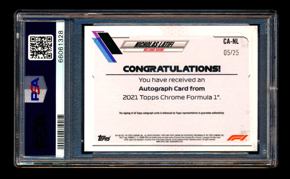 2021 Topps Chrome F1 #CA-NL Nicholas Latifi Orange Refractor Autograph #05/25 PSA 10 - POP 1!