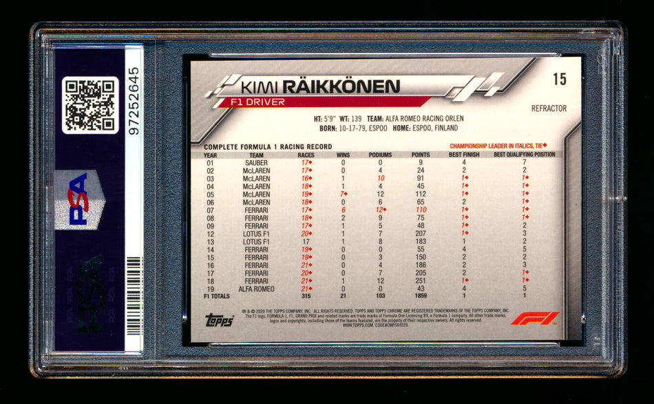 2020 Topps Chrome F1 #15 Kimi Raikkonen RC Refractor Portrait PSA 10