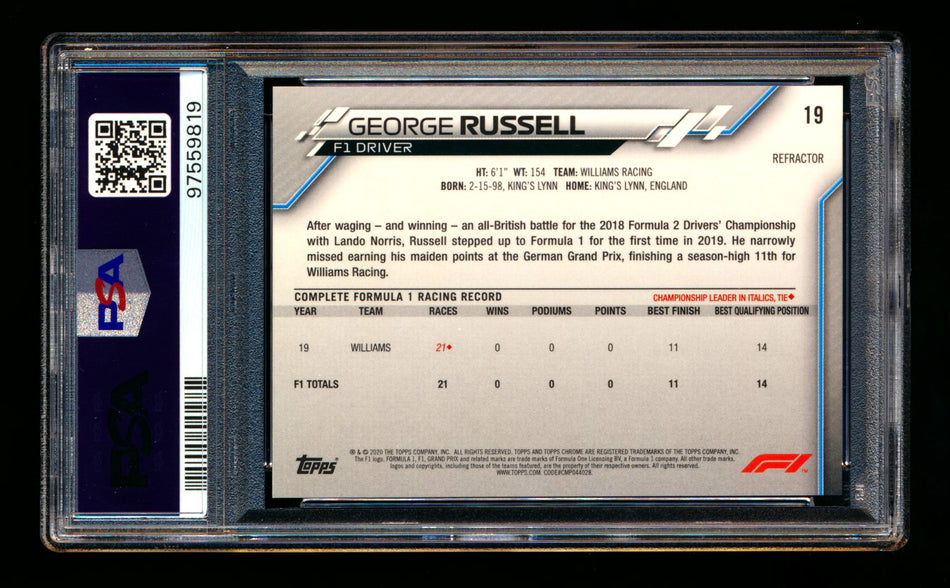 2020 Topps Chrome F1 #19 George Russell RC Refractor Portrait PSA 10 ** (SOLD - $149.00 - 1/10/2025) **