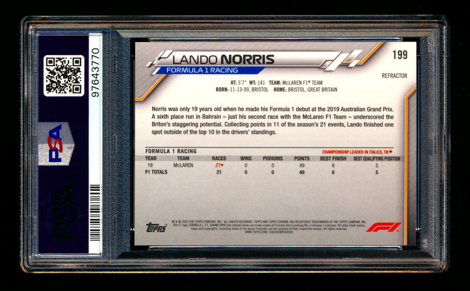 2020 Topps Chrome F1 #199 Lando Norris RC Refractor PSA 10 ** (SOLD eBay - $99.00 - 1/14/2025) **