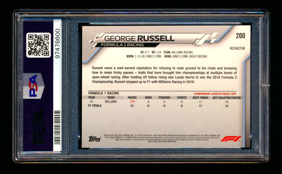 2020 Topps Chrome F1 #200 George Russell RC Refractor PSA 8 ** (SOLD eBay - $18.00 - 1/10/2025) **