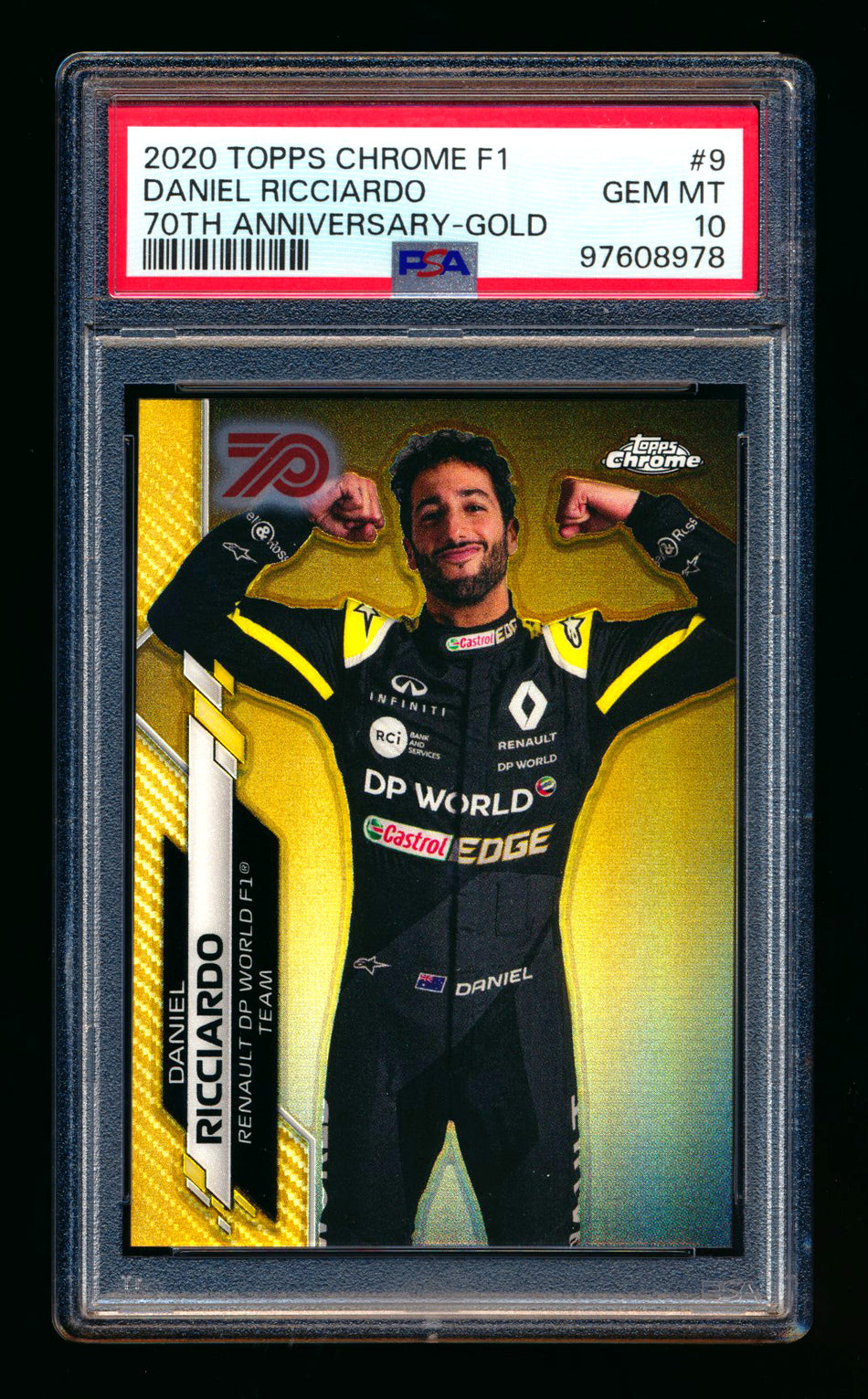 2020 Topps Chrome F1 #9 Daniel Ricciardo RC 70th Anniversary Gold Refractor Portrait PSA 10