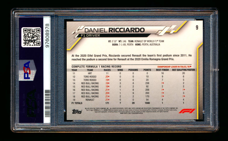 2020 Topps Chrome F1 #9 Daniel Ricciardo RC 70th Anniversary Gold Refractor Portrait PSA 10