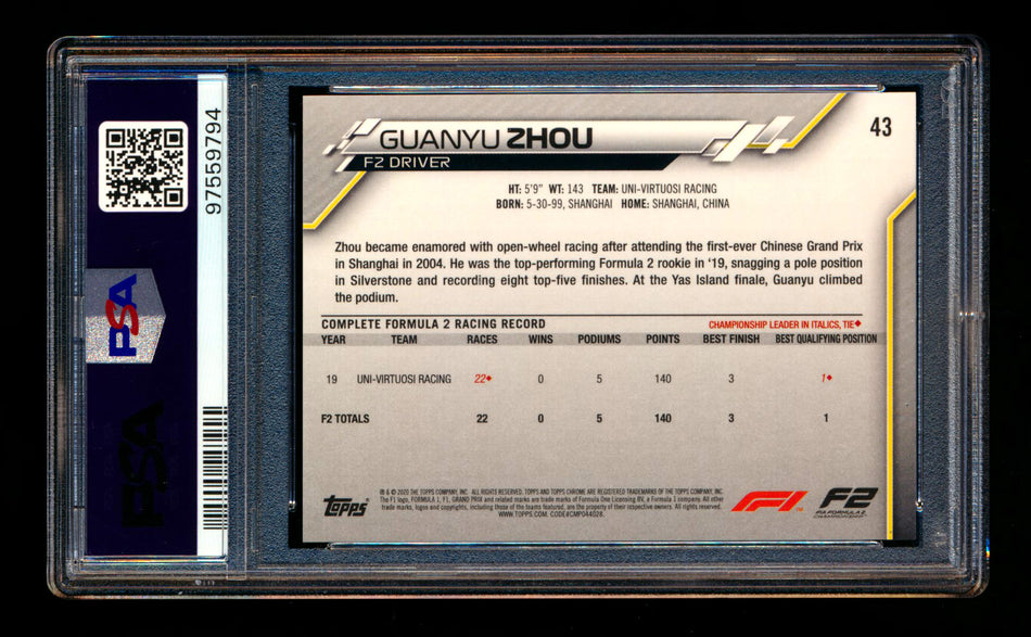 2020 Topps Chrome F1 #43 Guanyu Zhou RC 70th Anniversary Gold Refractor PSA 10 ** (SOLD - $149.00 - 12/28/2024) **
