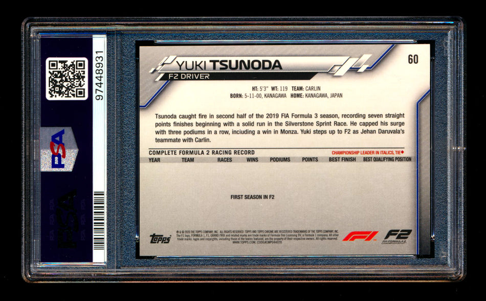 2020 Topps Chrome F1 #60 Yuki Tsunoda RC 70th Anniversary Gold Refractor PSA 9 ** (SOLD - $29.00 - 12/30/2024) **