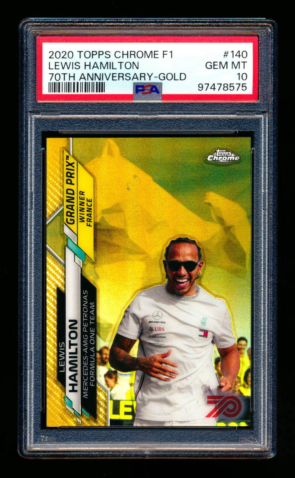 2020 Topps Chrome F1 #140 Lewis Hamilton RC 70th Anniversary Gold Refractor PSA 10