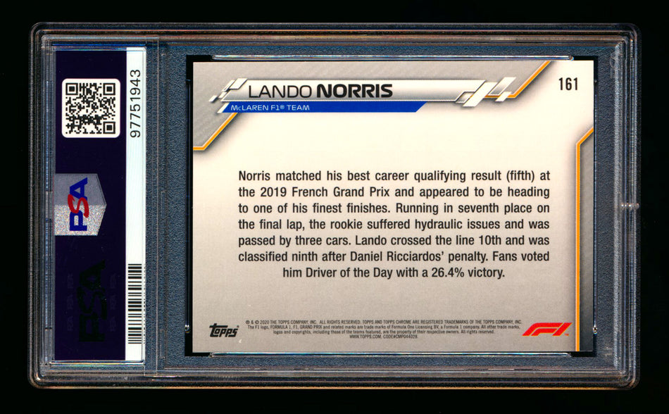 2020 Topps Chrome F1 #161 Lando Norris RC 70th Anniversary Gold Refractor PSA 10