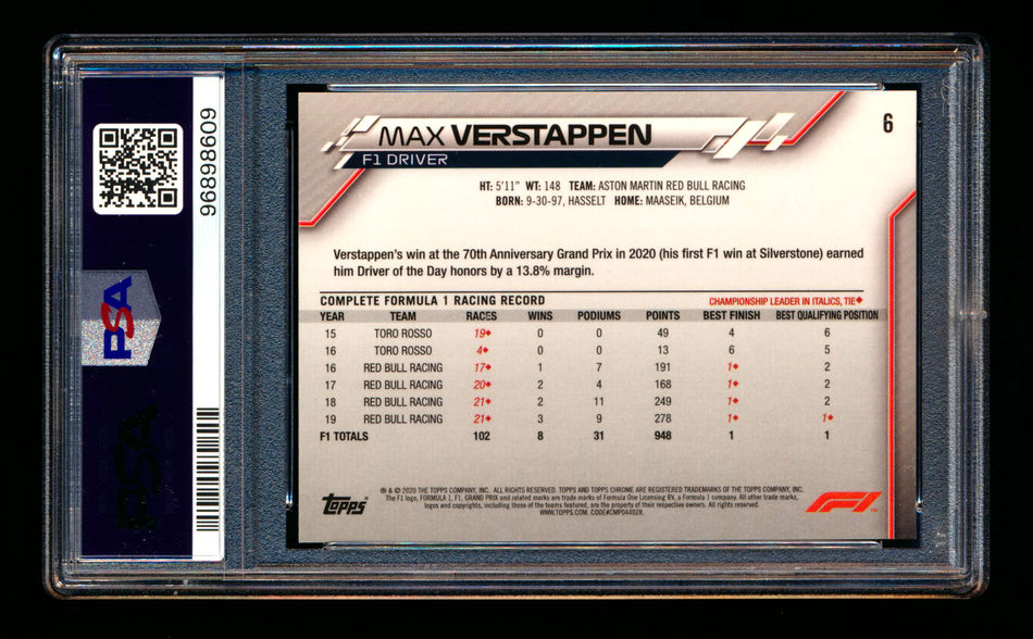 2020 Topps Chrome F1 #6 Max Verstappen RC Portrait PSA 10