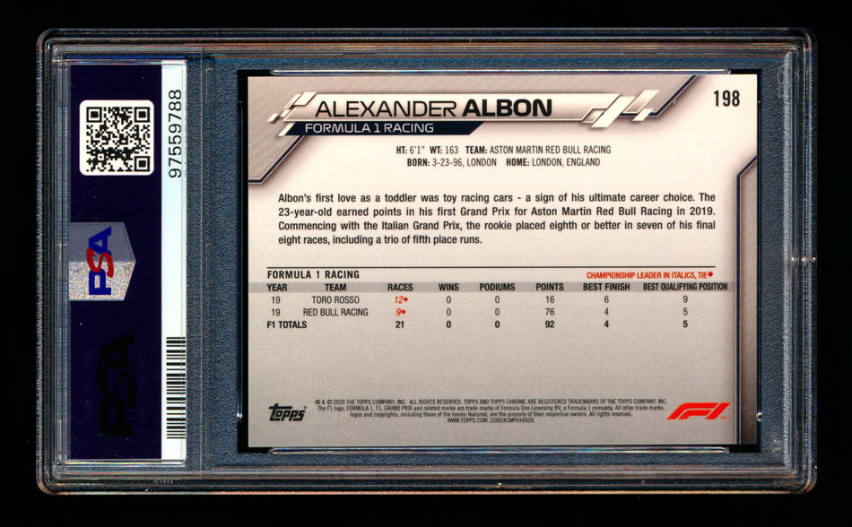 2020 Topps Chrome F1 #198 Alexander Albon RC 70th Anniversary Gold Refractor PSA 10