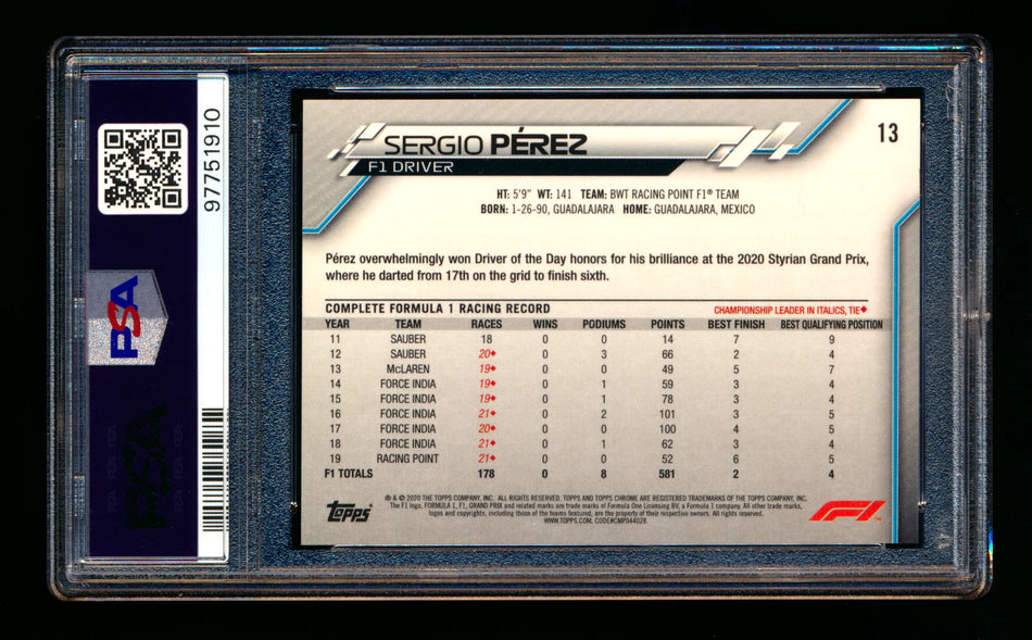 2020 Topps Chrome F1 #13 Sergio Perez RC 70th Anniversary Orange Refractor Portrait PSA 7 ** (SOLD eBay - $59.00 - 1/10/2025) **