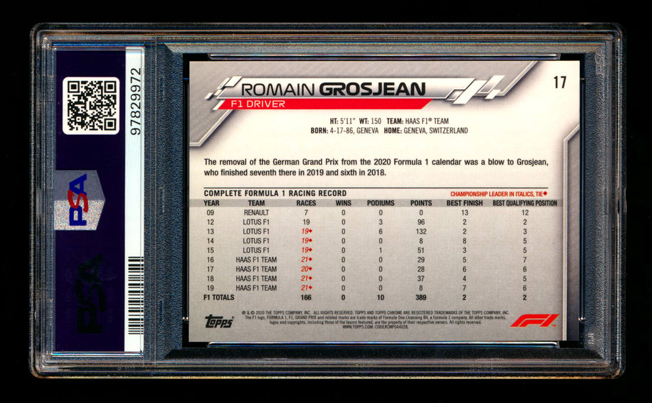 2020 Topps Chrome F1 #17 Romain Grosjean RC 70th Anniversary Orange Refractor Portrait PSA 10 ** (SOLD - $149.00 - 1/2/2025) **