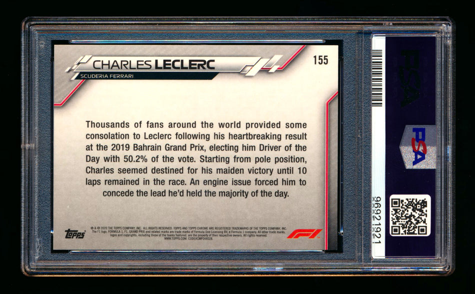 2020 Topps Chrome F1 #155 Charles Leclerc RC 70th Anniversary Orange Refractor PSA 9