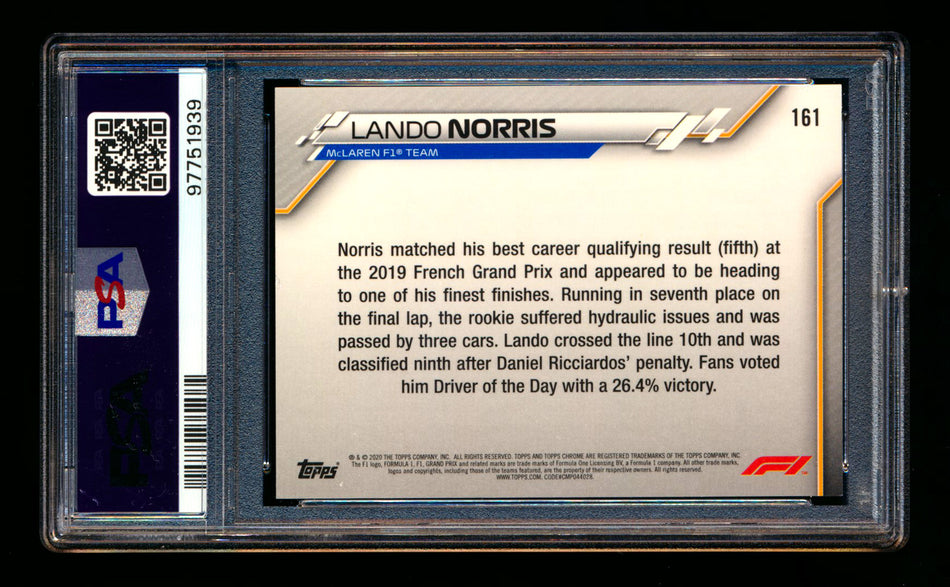 2020 Topps Chrome F1 #161 Lando Norris RC 70th Anniversary Orange Refractor PSA 8 ** (SOLD - $50.00 - 12/30/2024) **