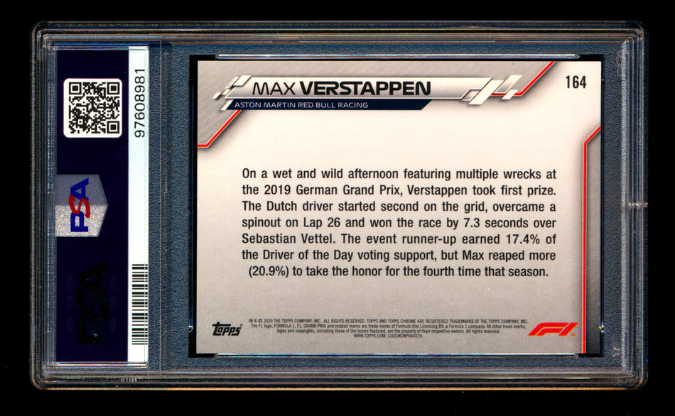 2020 Topps Chrome F1 #164 Max Verstappen RC 70th Anniversary Orange Refractor PSA 8 ** (SOLD - $79.00 - 12/27/2024) **