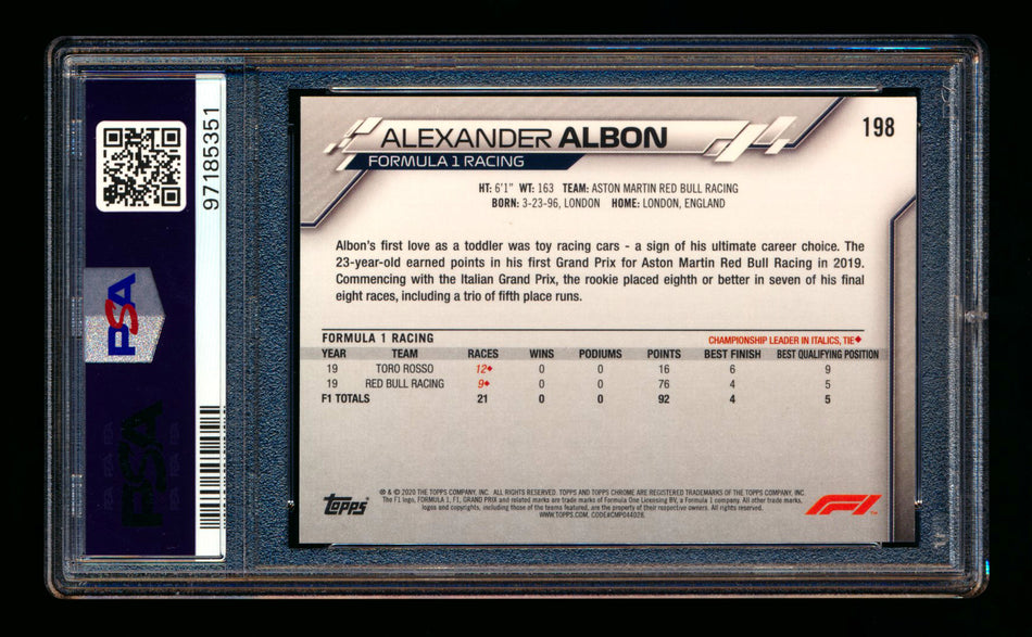 2020 Topps Chrome F1 #198 Alexander Albon RC 70th Anniversary Orange Refractor PSA 9 ** (SOLD - $45.00 - 12/30/2024) **