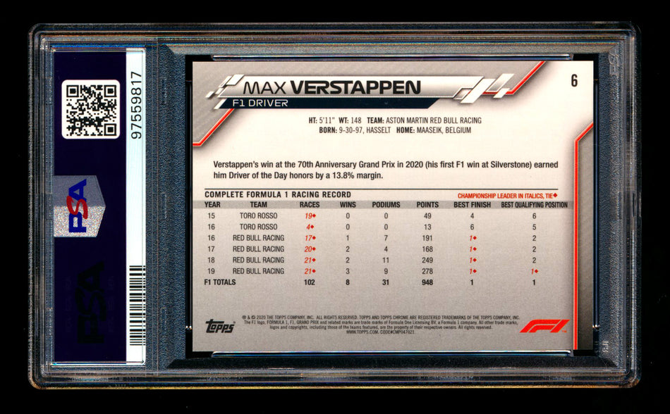 2020 Topps Chrome Sapphire F1 #6 Max Verstappen RC Refractor Portrait PSA 10 ** (SOLD eBay - $249.00 - 1/9/2025) **